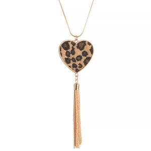 NEW Leopard Long Chain Pendant Necklace W/ Gold Metal Tassel 3for35